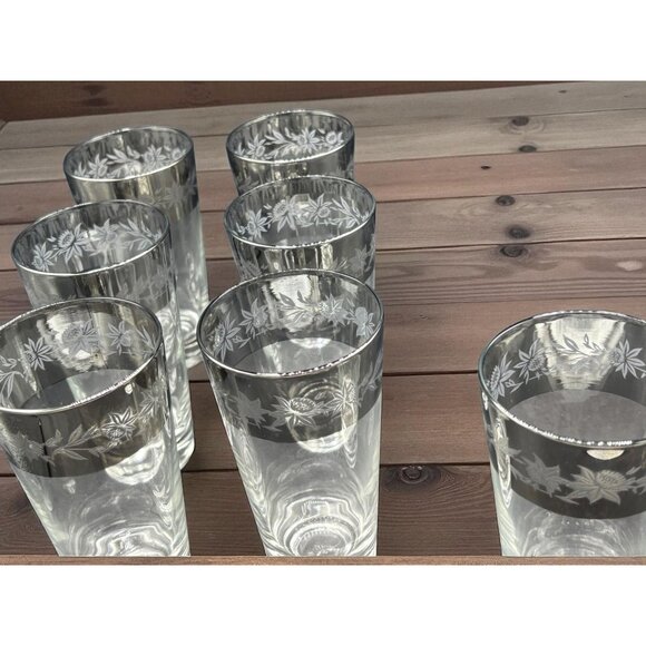 Vintage Dorothy Thorpe Thistle Silver Banded MCM HIghball Cocktail Glasses set o - Picture 2 of 6